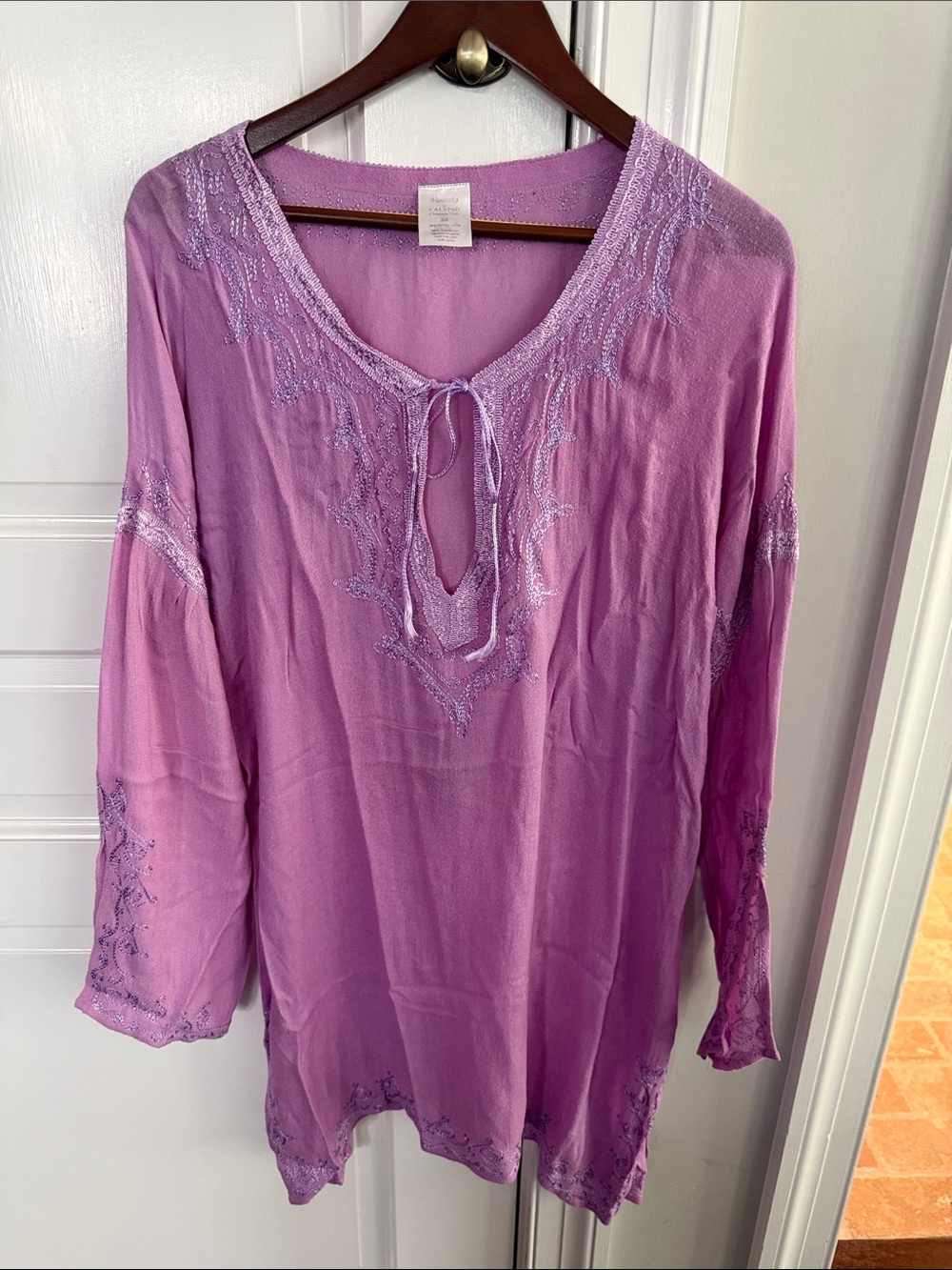 Carson Embroidered Lavender Peasant dress/ tunic with Tie Neck